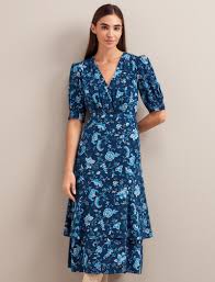 Floral Wrap Midi Dress (Navy/Yellow Print)